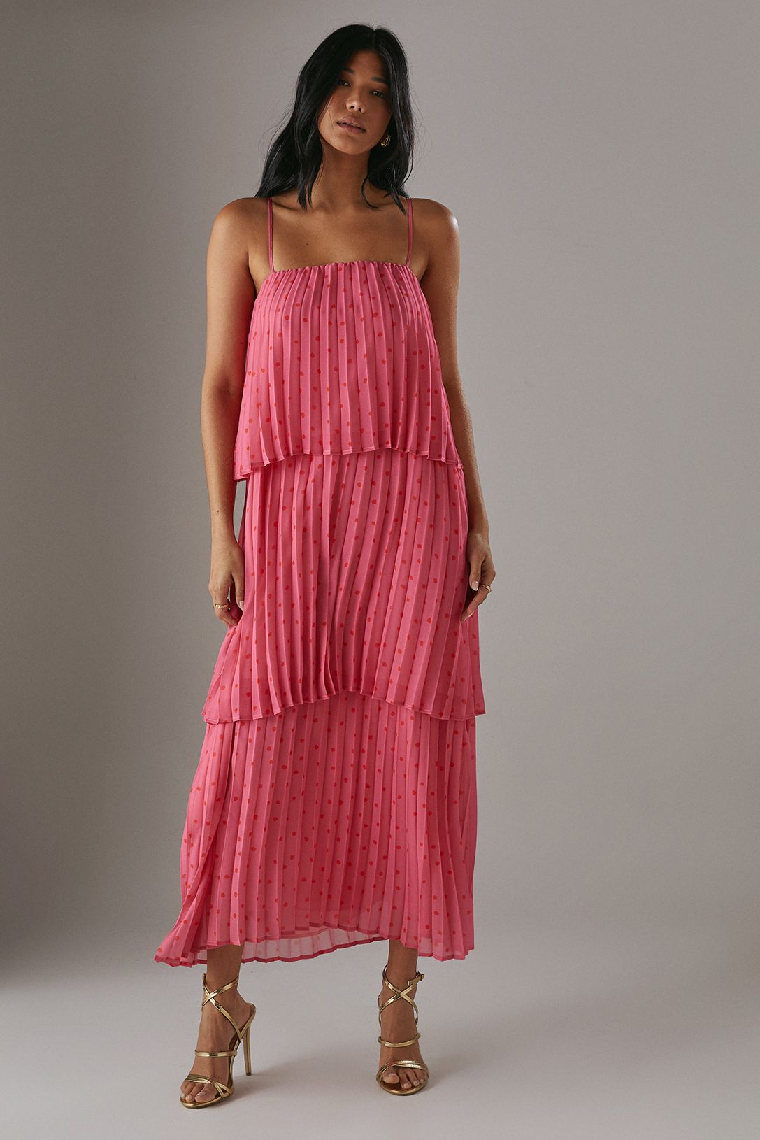 Warehouse Chiffon Pleated Tier Strappy Midi Dress Pink