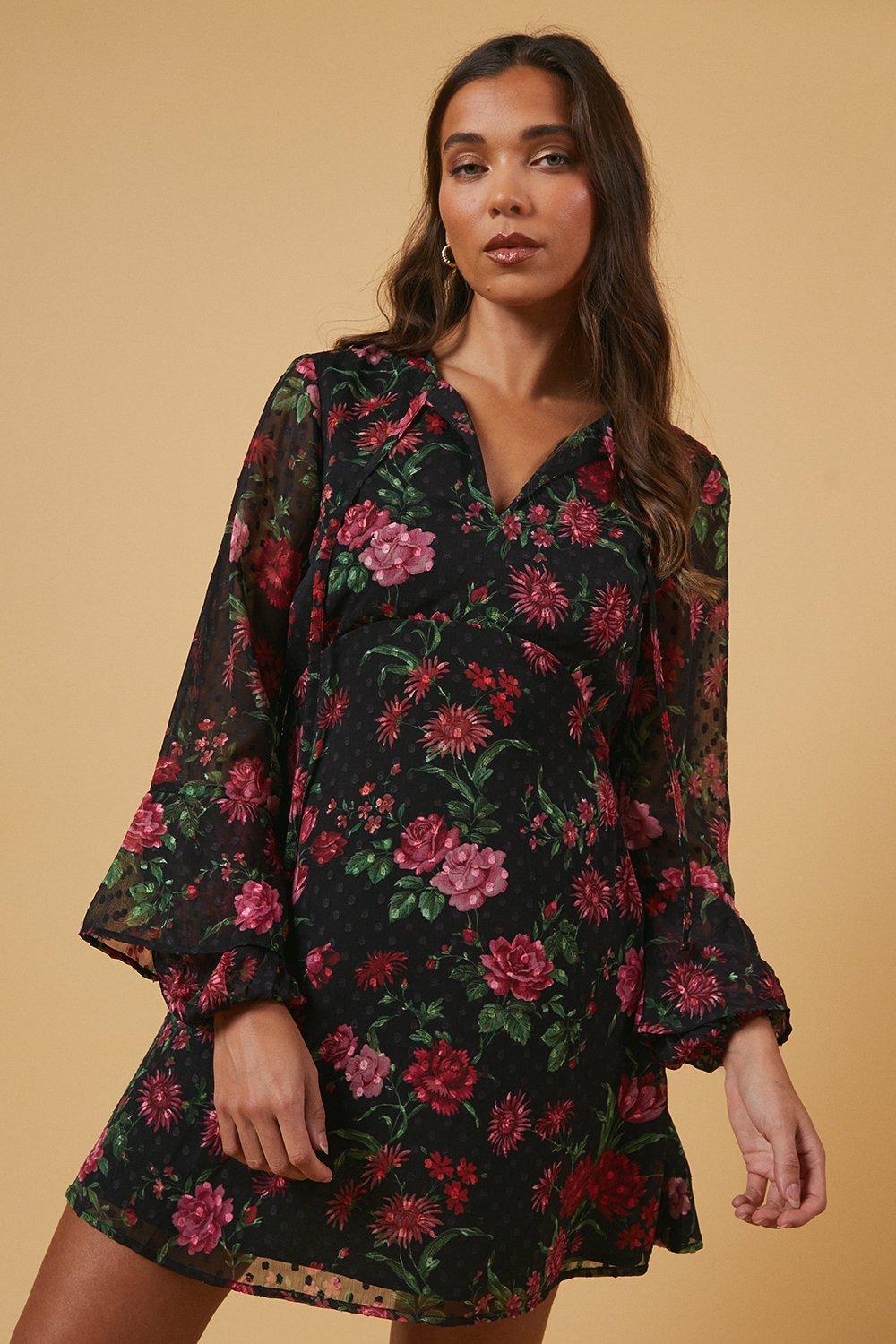 Oasis Petite Floral Tie Dobby Chiffon Mini Dress Black image 1