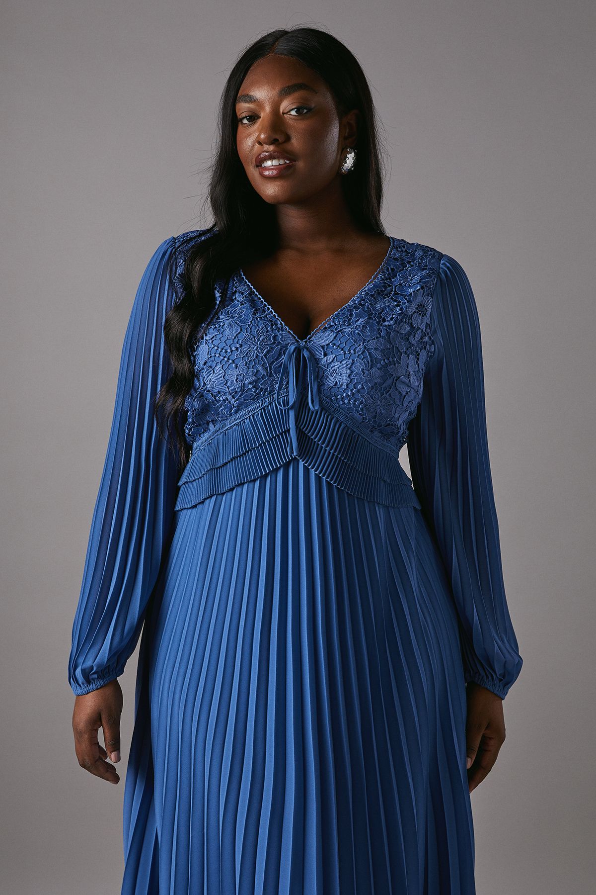 Coast Plus Lace Insert Long Sleeve Pleat Dress Blue image 2