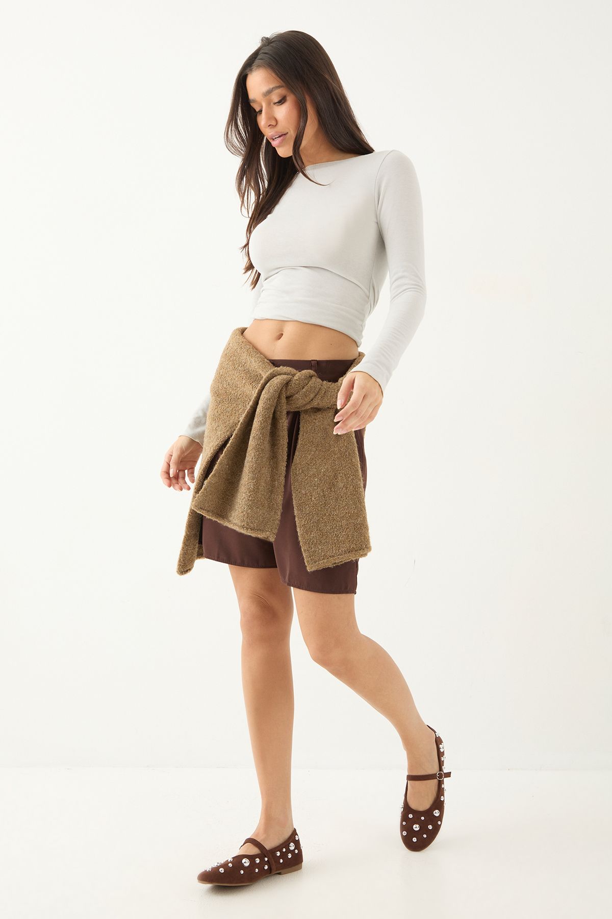 MissPap Faux Suede Studded Mary Jane Ballerinas Chocolate image 2