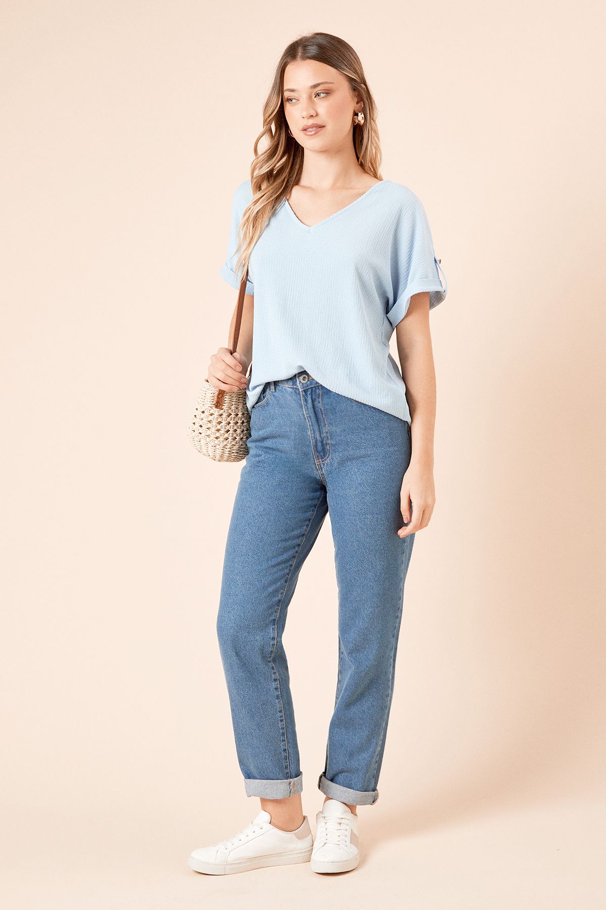 Dorothy Perkins V Neck Roll Sleeve Jersey Top Blue