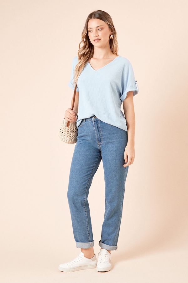 Dorothy Perkins V Neck Roll Sleeve Jersey Top Blue