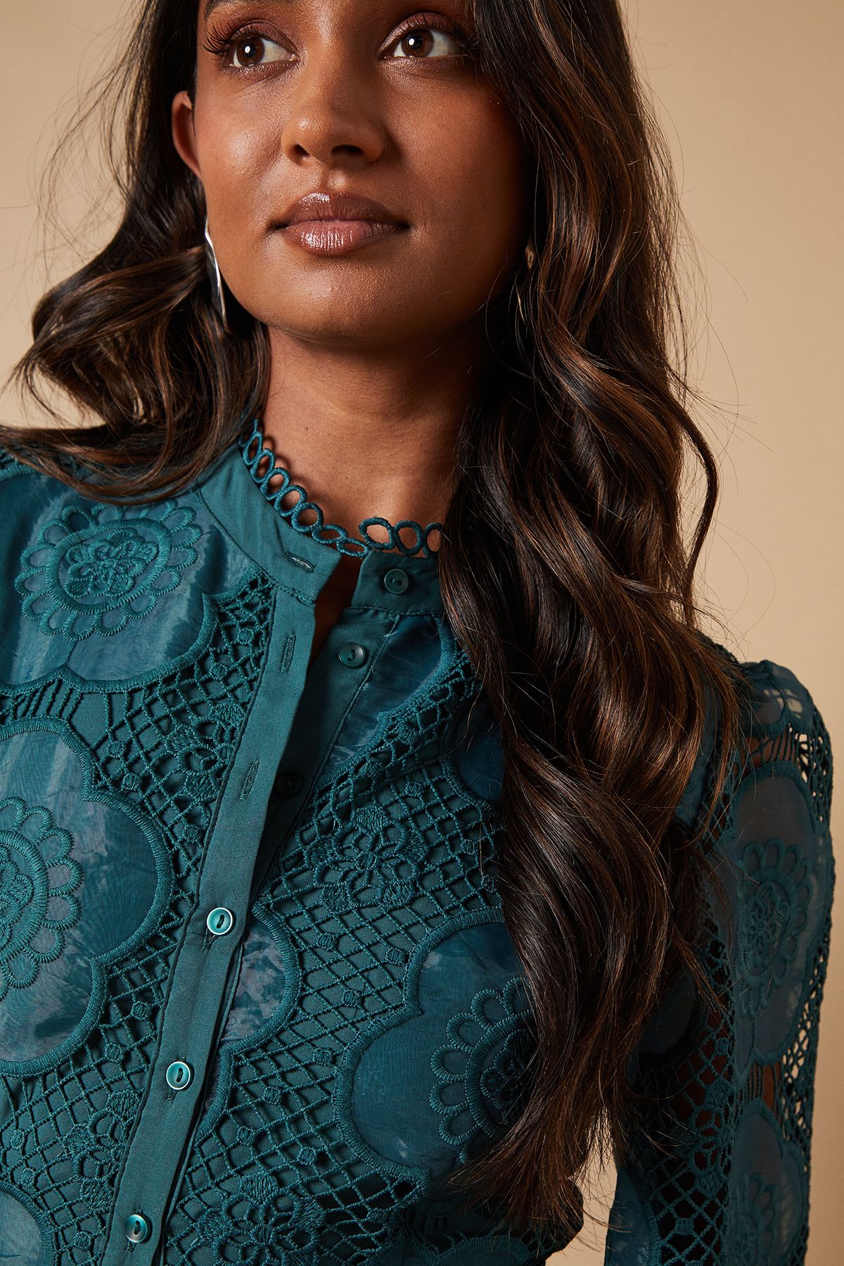 Oasis Premium Organza Lace Trim Midi Shirt Dress Teal image 3