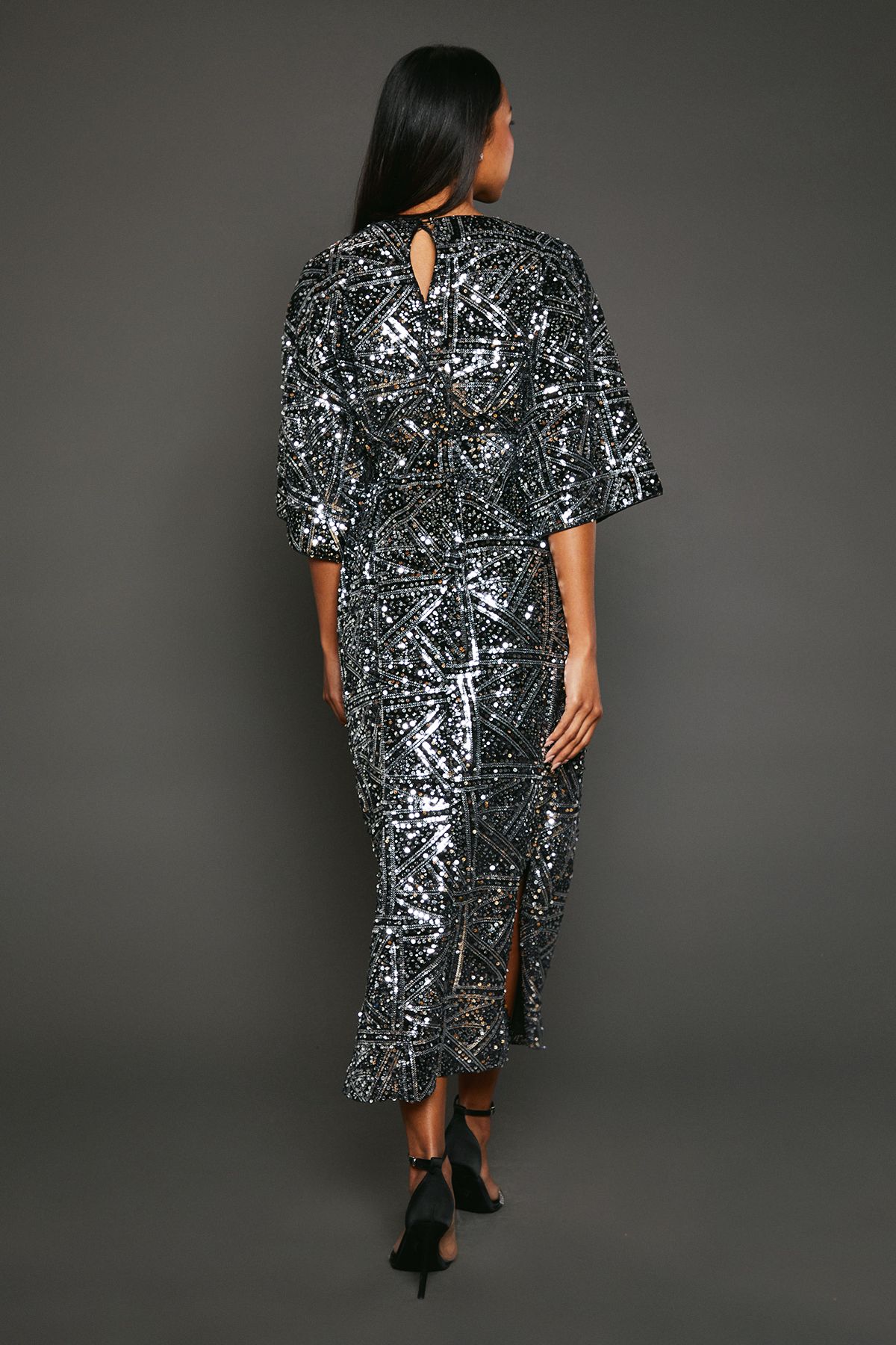 Principles Silver Sequin Detail Belted Batwing Midi Dress Silver image 3