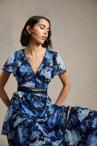 Oasis Petite Cluster Floral Lace Tiered Dobby Midi Dress Navy