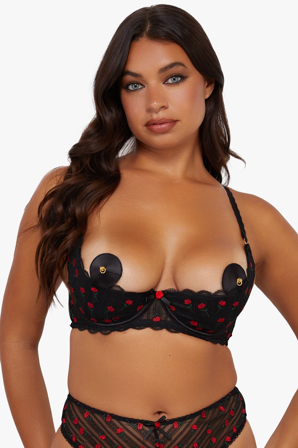 Playful Promises Elodie Black And Red Rosebud Embroidery Quarter Cup Bra image 2