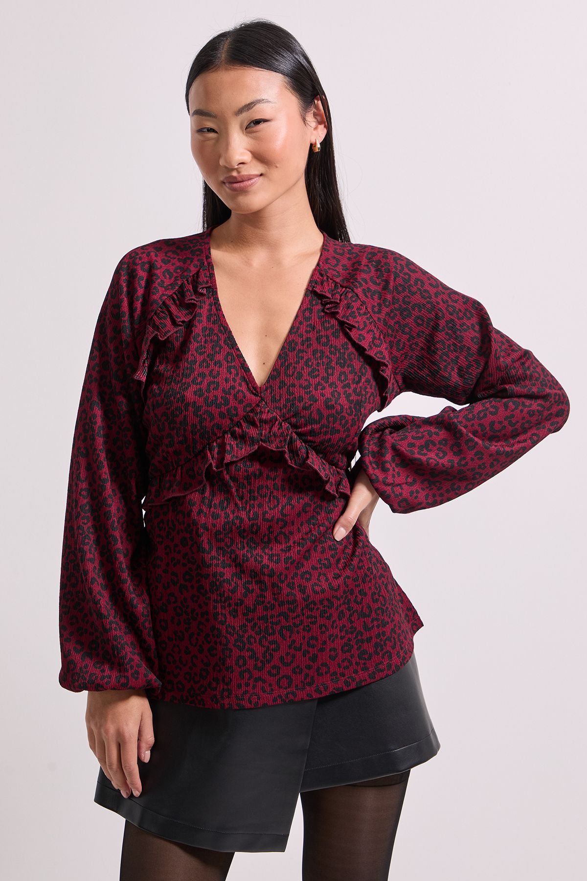 Dorothy Perkins Petite Berry Animal Empire Seam Frill Detail Printed Jersey Top Berry image 2