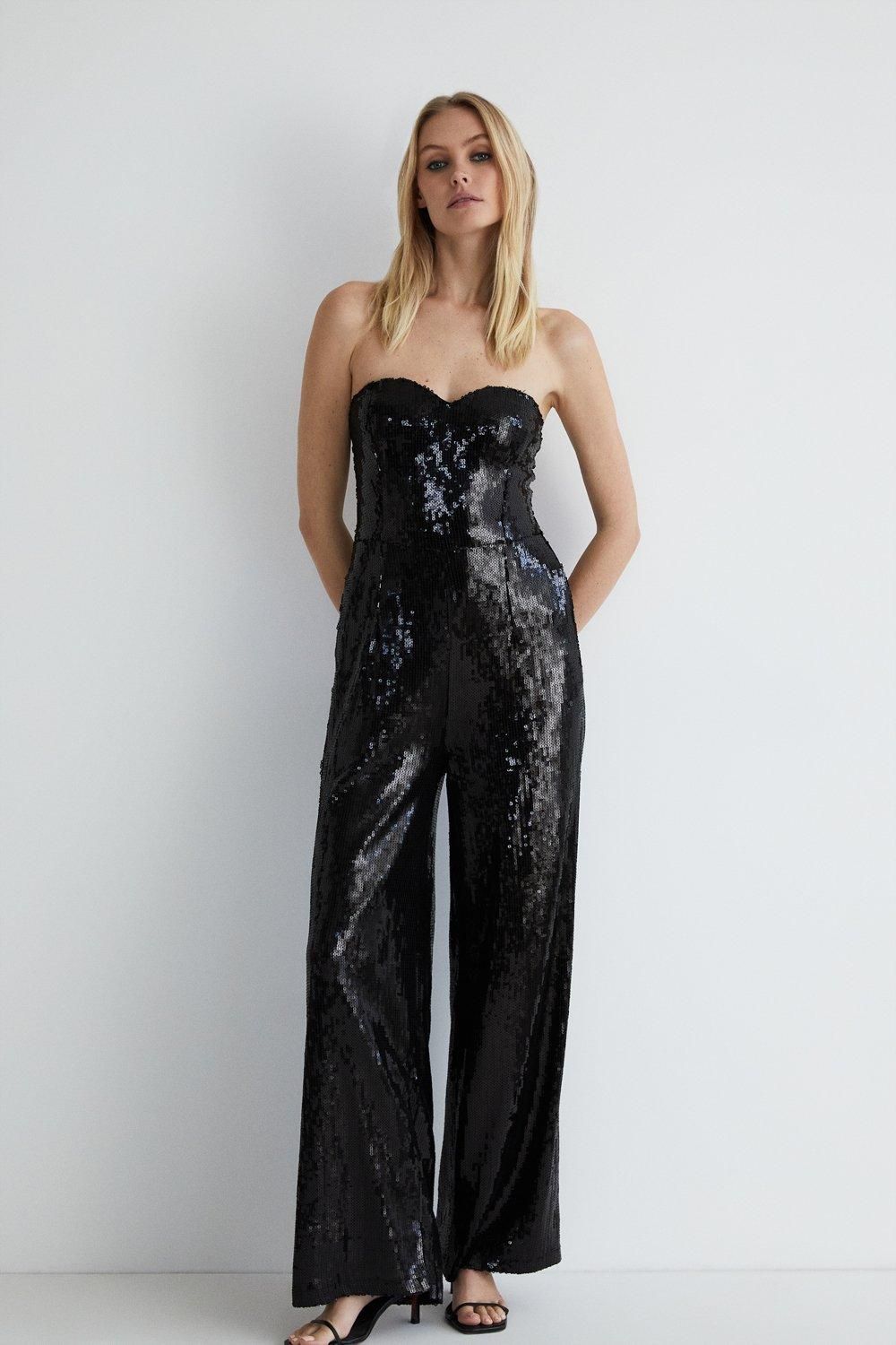 Warehouse Sequin Sweetheart Bandeau Jumpsuit Black image 2