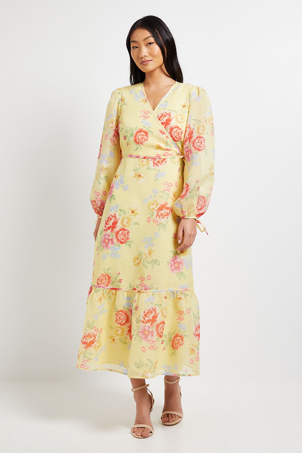 Dorothy Perkins Petite Printed Wrap Detail Blouson Sleeve Maxi Dress Floral