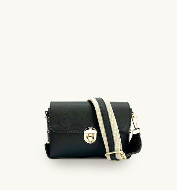Apatchy London The Bloxsome Black Leather Crossbody Bag With Canvas Strap