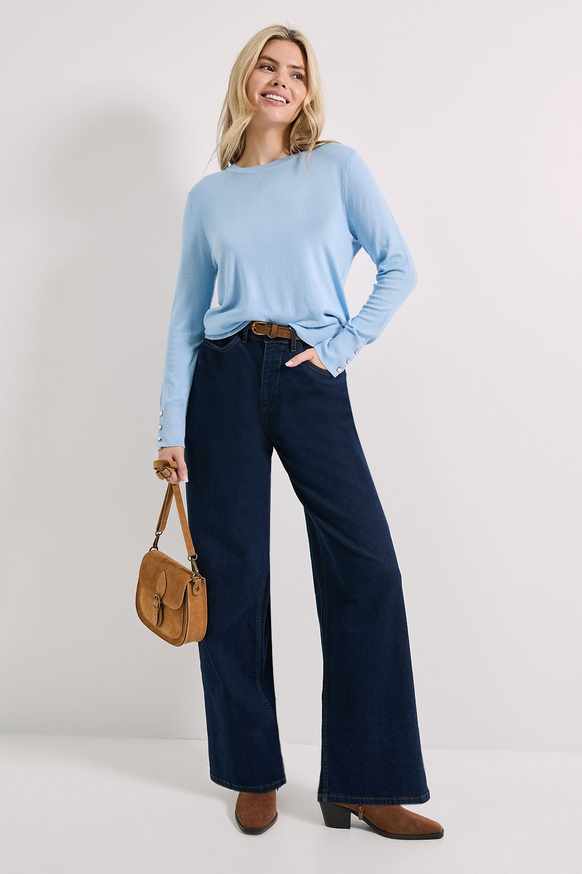 Dorothy Perkins Blue Crew Neck Button Cuff Jumper Blue image 1