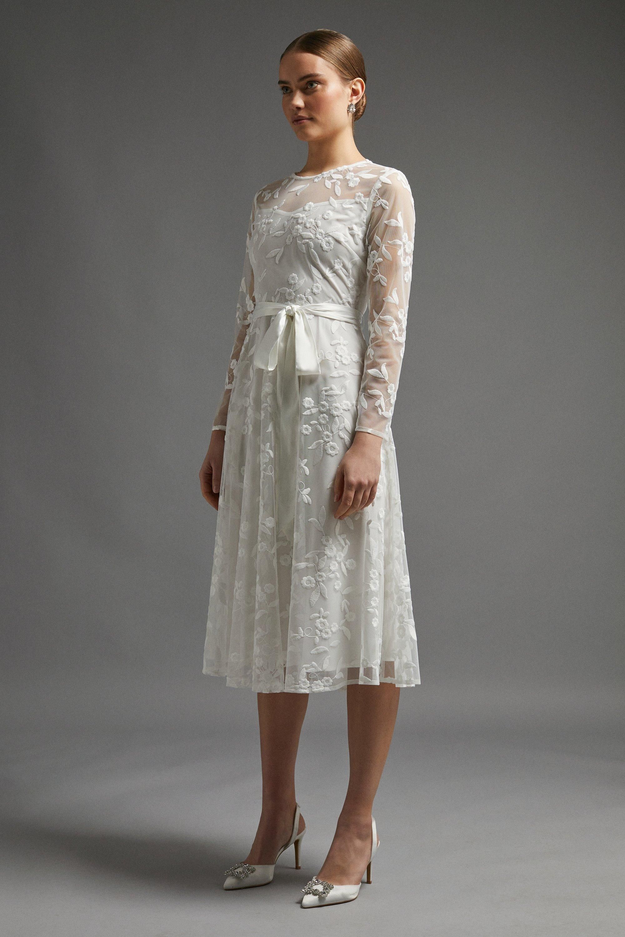 Coast All Over Embroidered Long Sleeve Tie Waist Midi Dress Ivory image 2