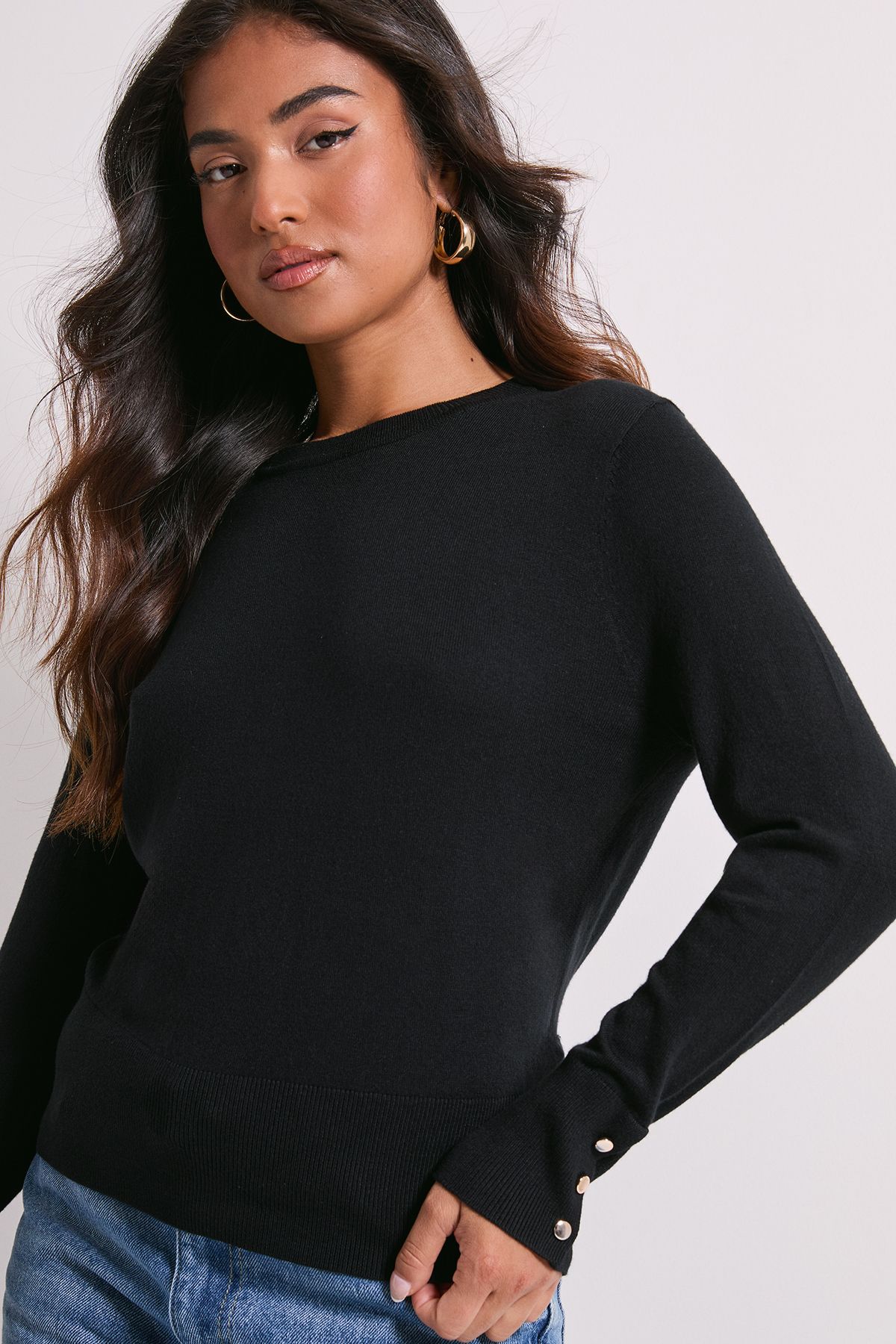 Dorothy Perkins Petite Black Crew Neck Button Cuff Jumper Black image 4