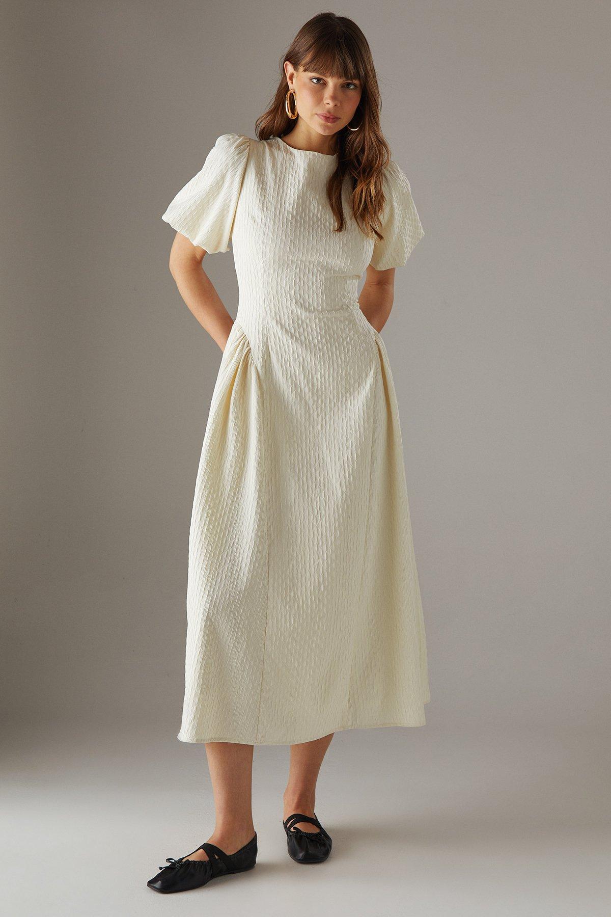 Warehouse Seersucker Organza Godet Side Puff Sleeve Midi Dress Cream image 1