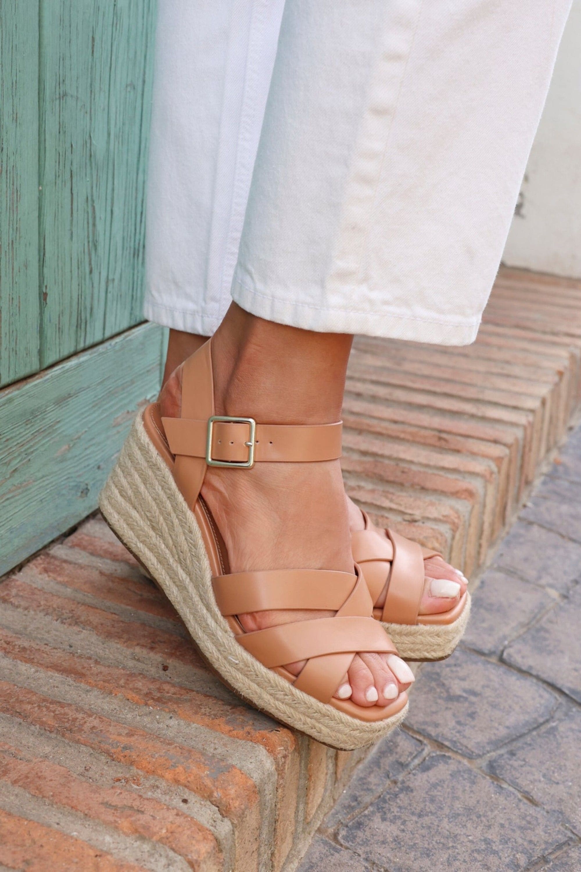 Linzi Sheena Tan Faux Leather Crossover Espadrille Platform Wedge image 2