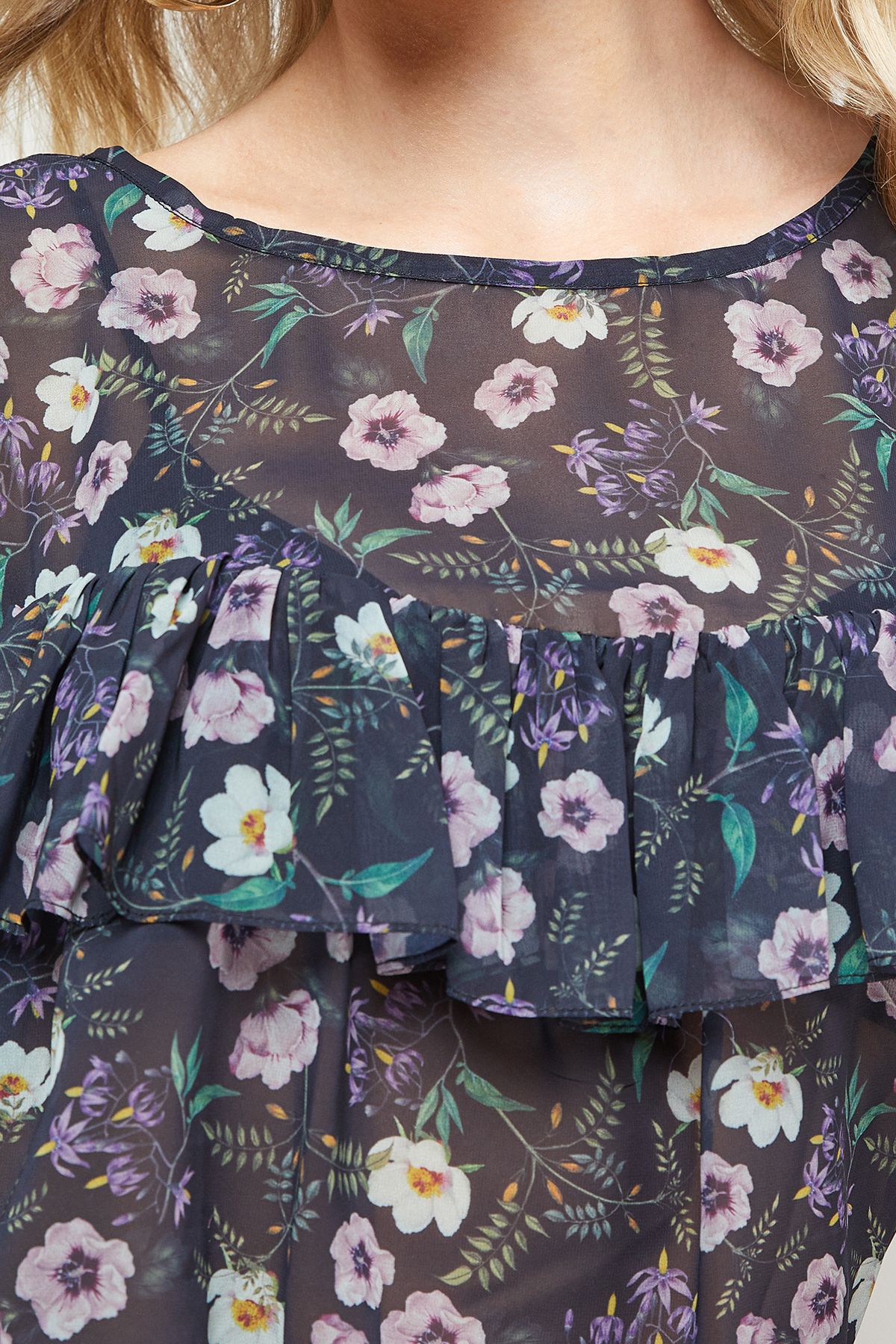 Oasis Printed Ruffle Yoke Balloon Sleeve Boho Blouse Black image 5