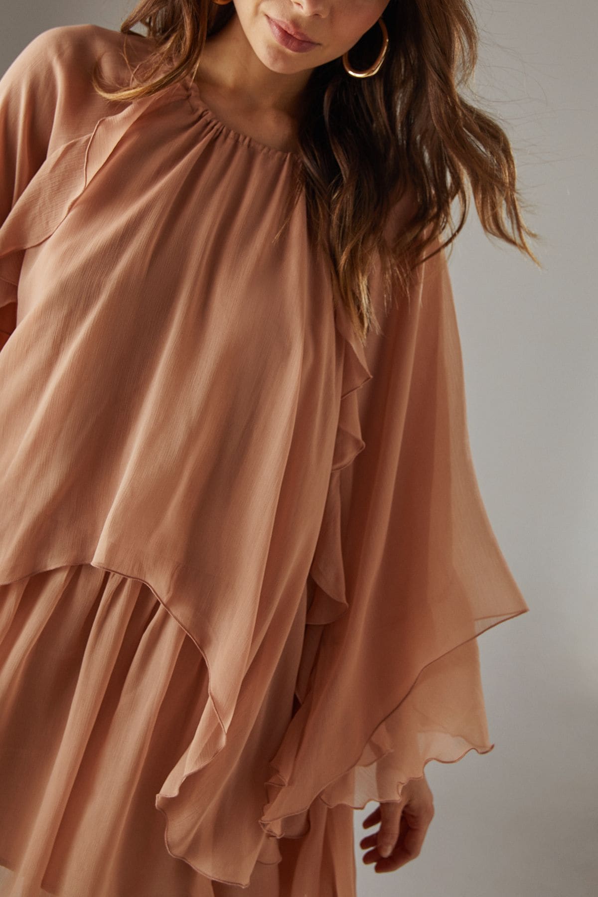 Warehouse Chiffon Ruffle Flared Sleeve Mini Smock Cape Dress Tan image 5