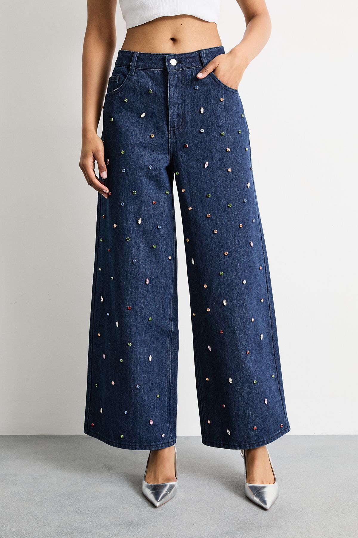 Warehouse Hotfix Embellished High Waisted Wide Leg Denim Jean Indigo image 2