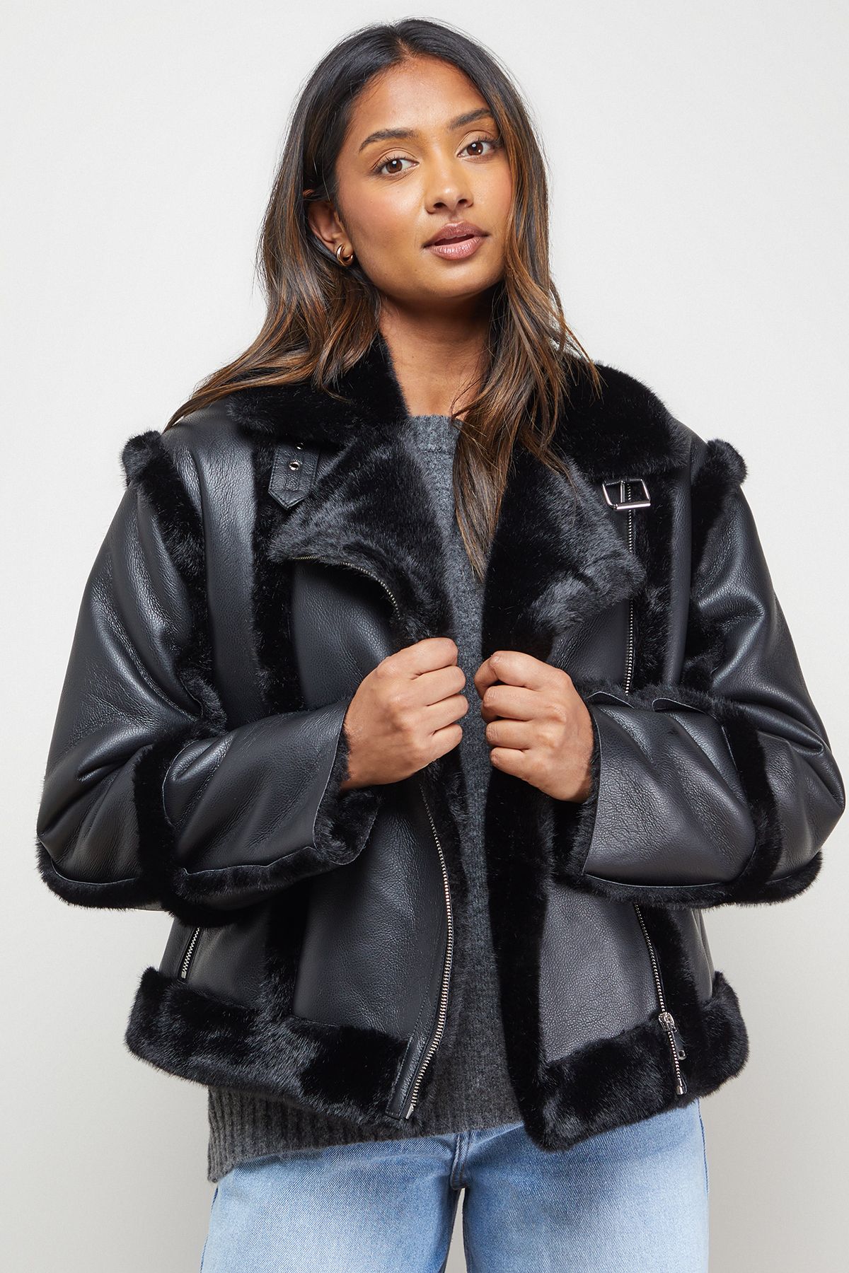 Oasis Shearling PU Aviator Jacket Black image 1