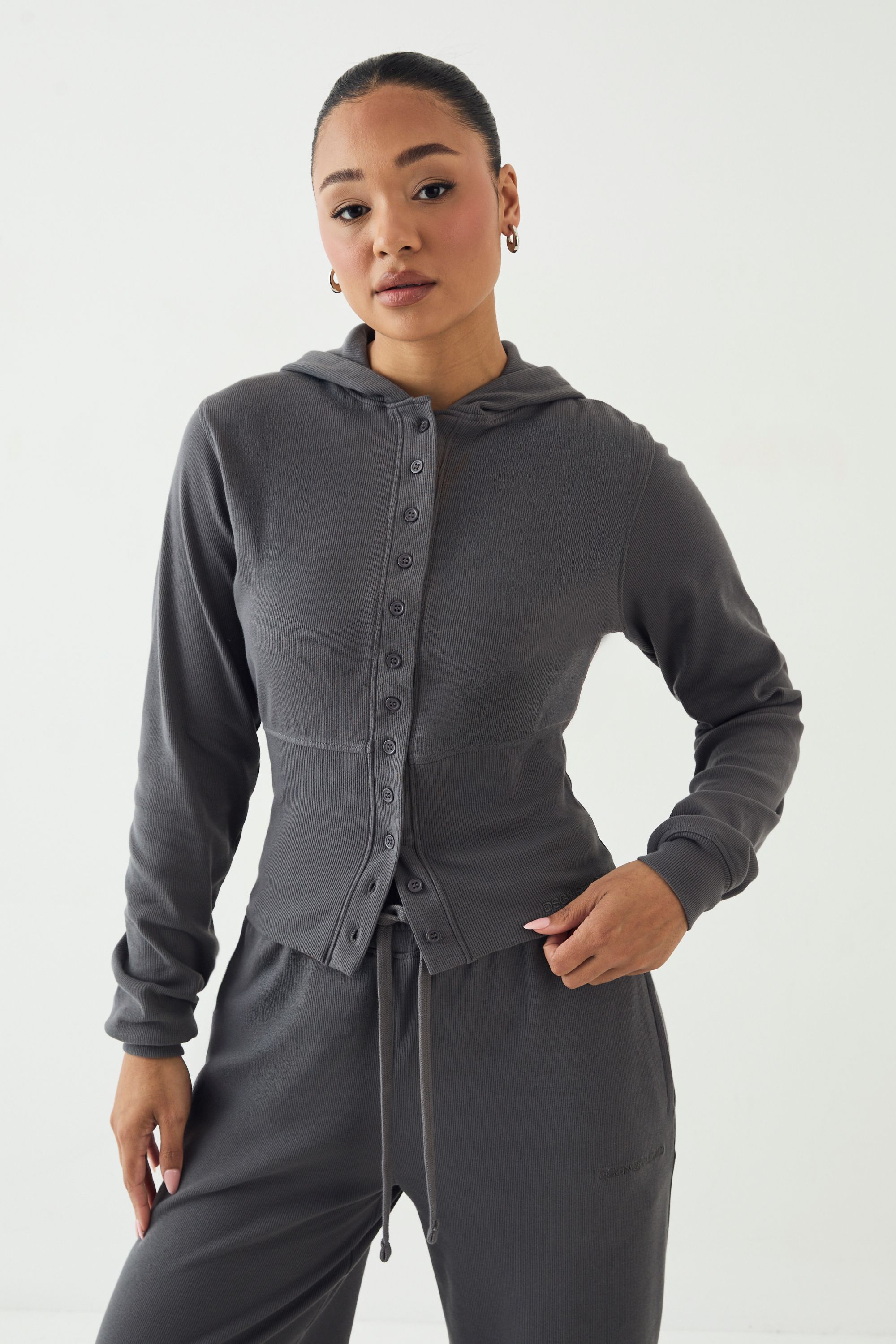DSGN Studio DSGN Studio Button Through Cinched Hooded Rib Top Charcoal image 1