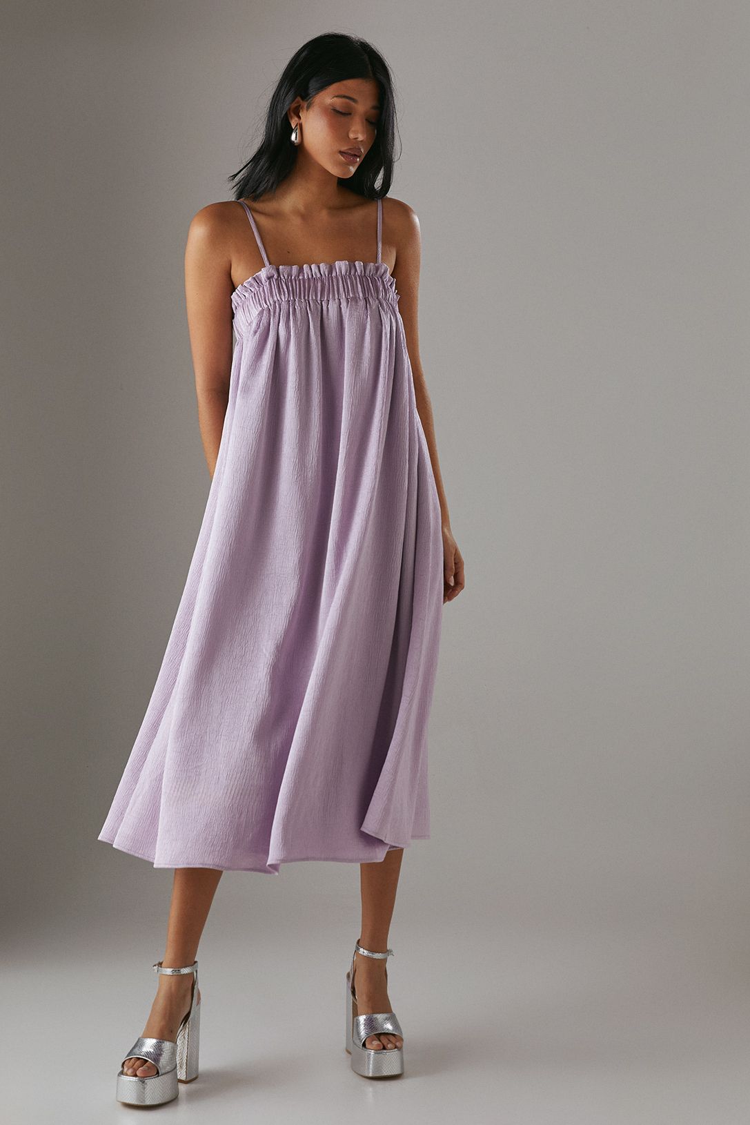 Warehouse Crushed Satin Strappy Midi Dress Lilac image 1