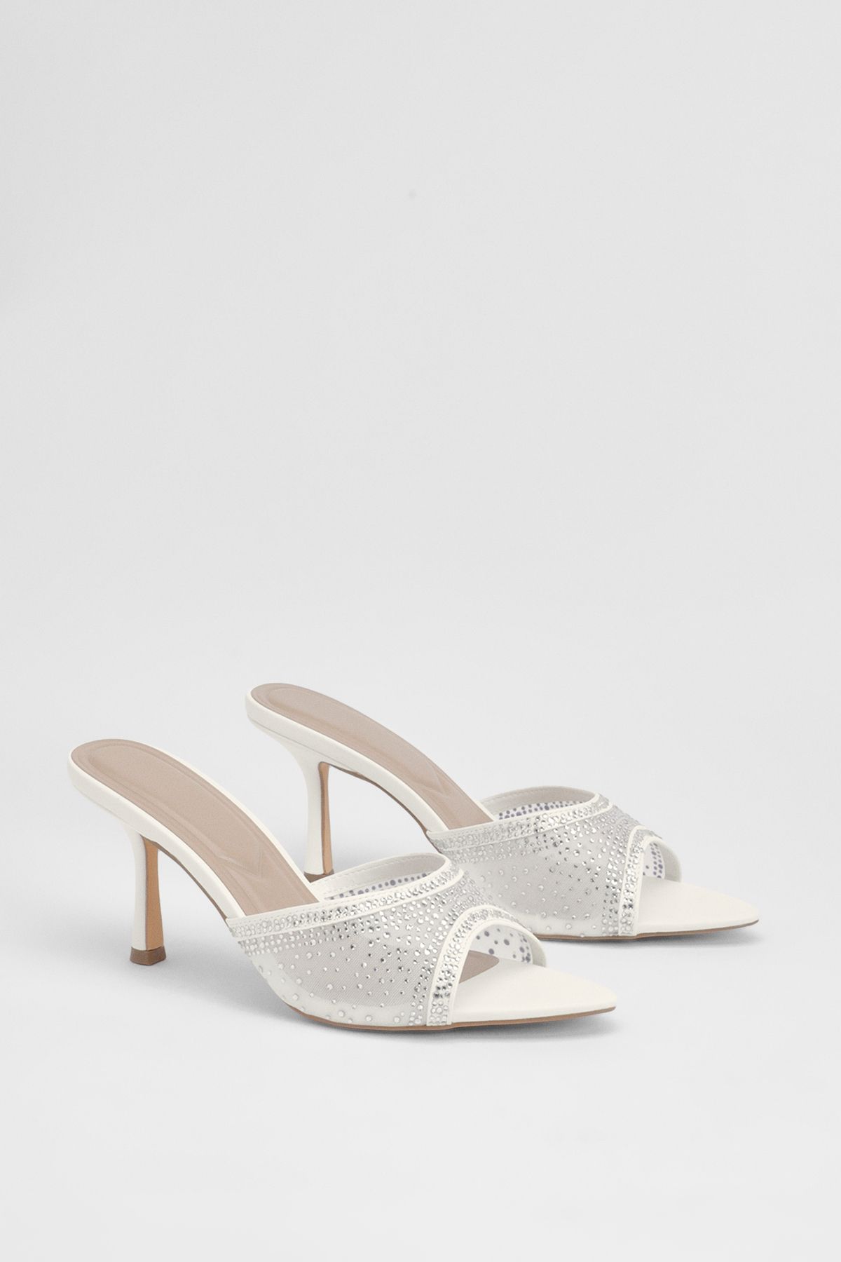 MissPap Satin Diamante High Stiletto Heel Mules White