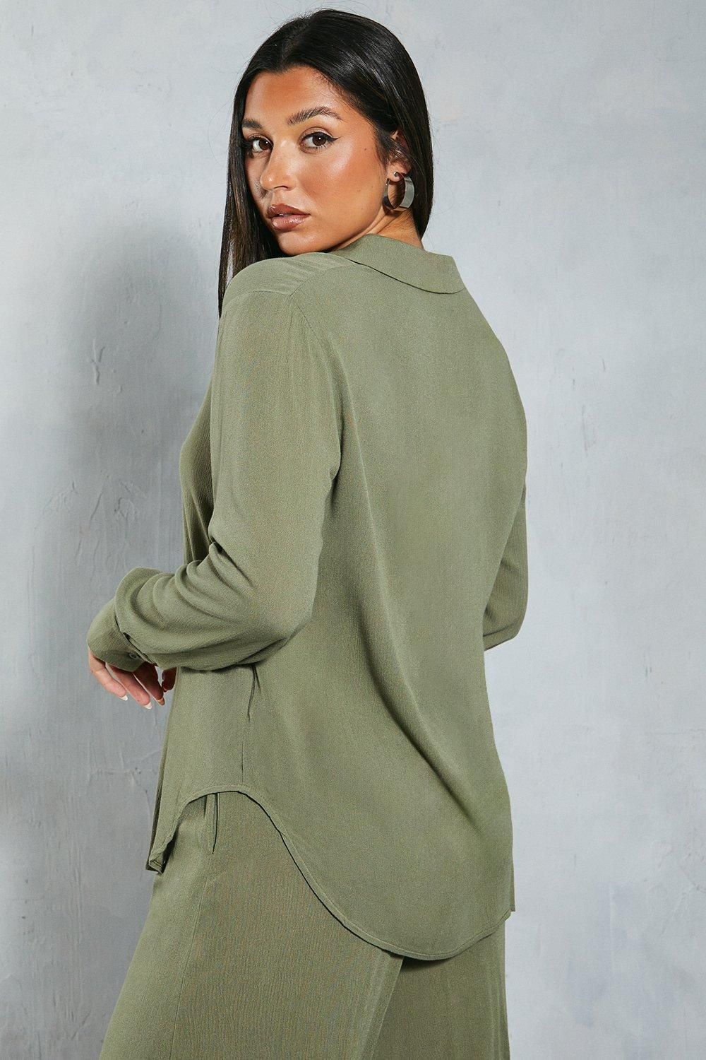 MissPap Crinkle Sheer Oversized Shirt Khaki image 3