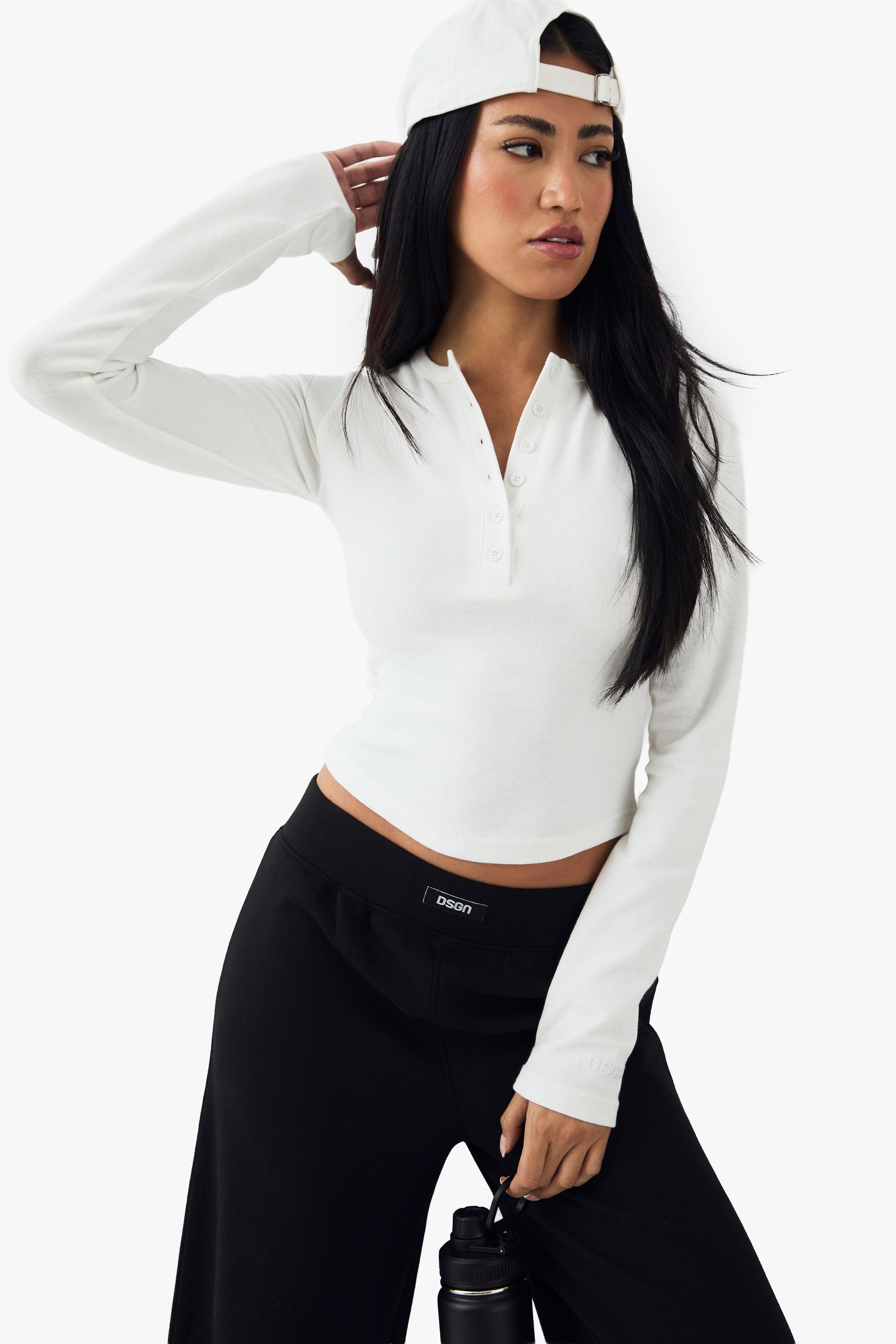 DSGN Studio DSGN Studio Button Detail Embroidered Long Sleeve Top White image 1