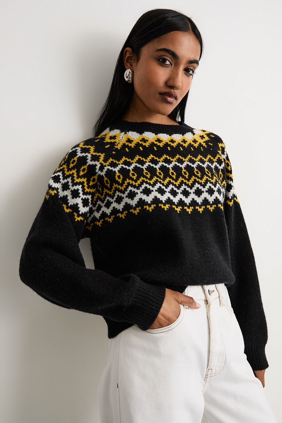 Warehouse Fairisle Knitted Yoke Detail Jumper Black