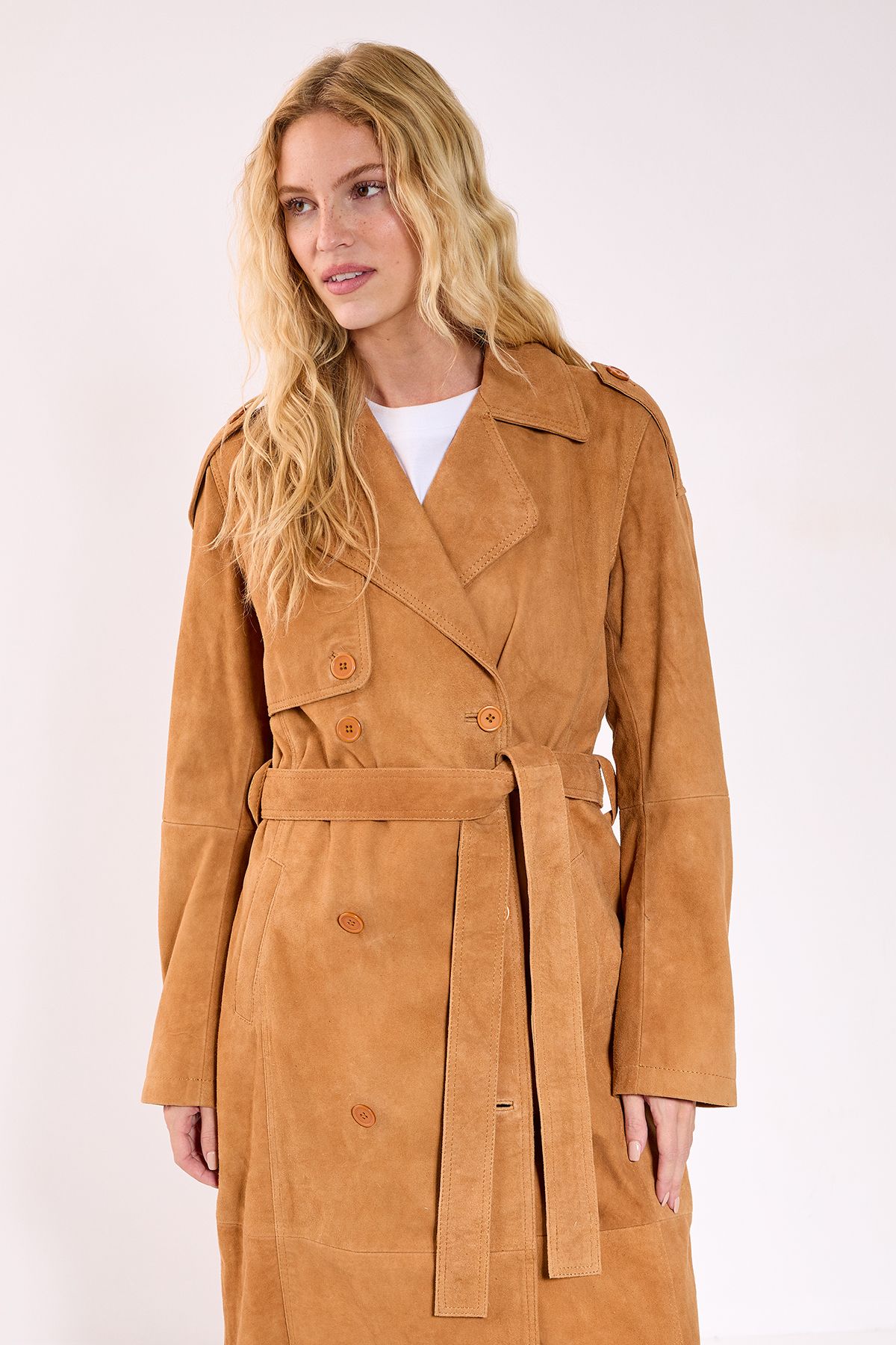 NastyGal Real Suede Trench Coat Tan image 2