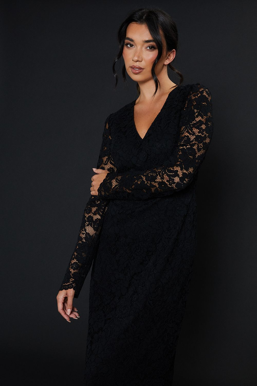 Dorothy Perkins Lace Long Sleeve Vneck Midi Dress Black image 2