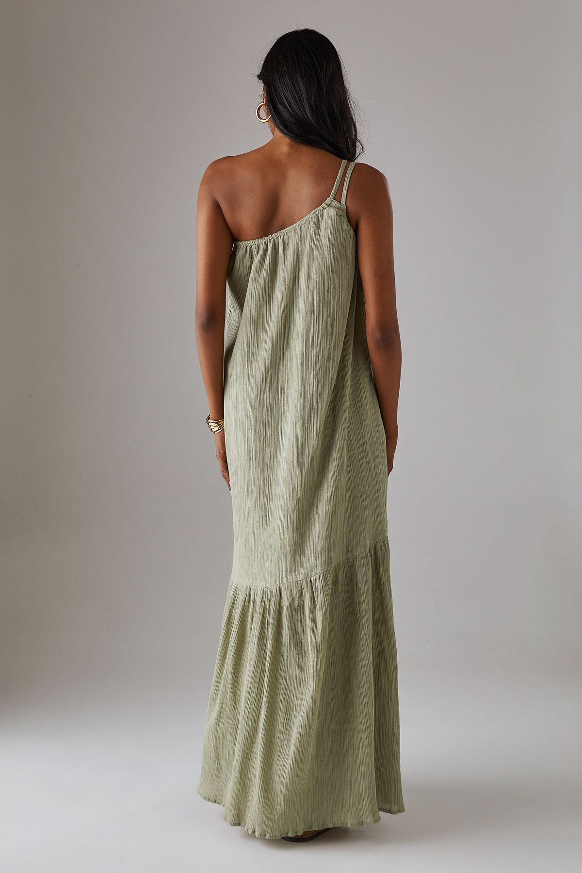 Warehouse Cheesecloth Double Strap One Shoulder Maxi Sundress Khaki image 3