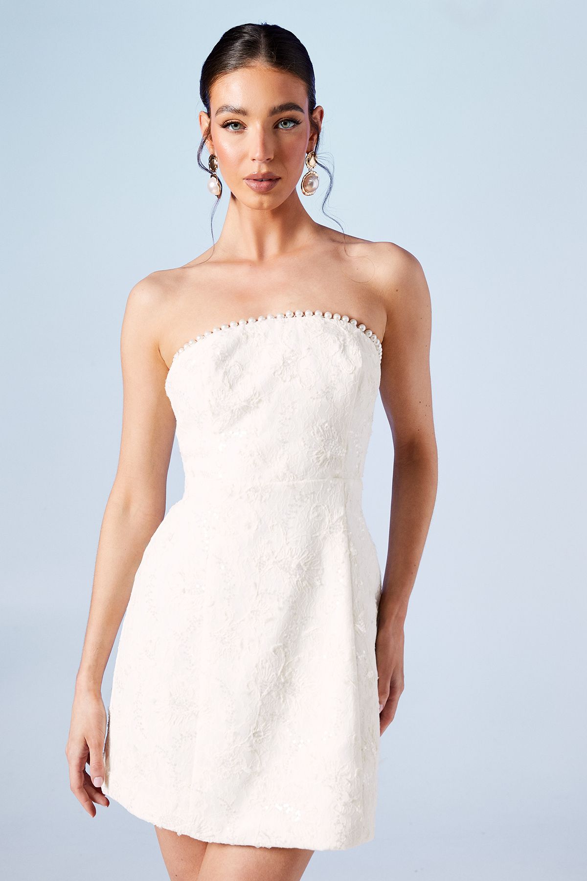 Coast Pearl Detail Sequin Lace Bandeau Bridal Mini Dress Ivory image 1