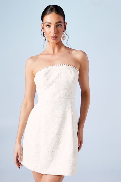 Coast Pearl Detail Sequin Lace Bandeau Bridal Mini Dress Ivory