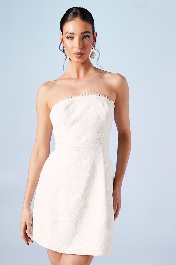 Coast Pearl Detail Sequin Lace Bandeau Bridal Mini Dress Ivory