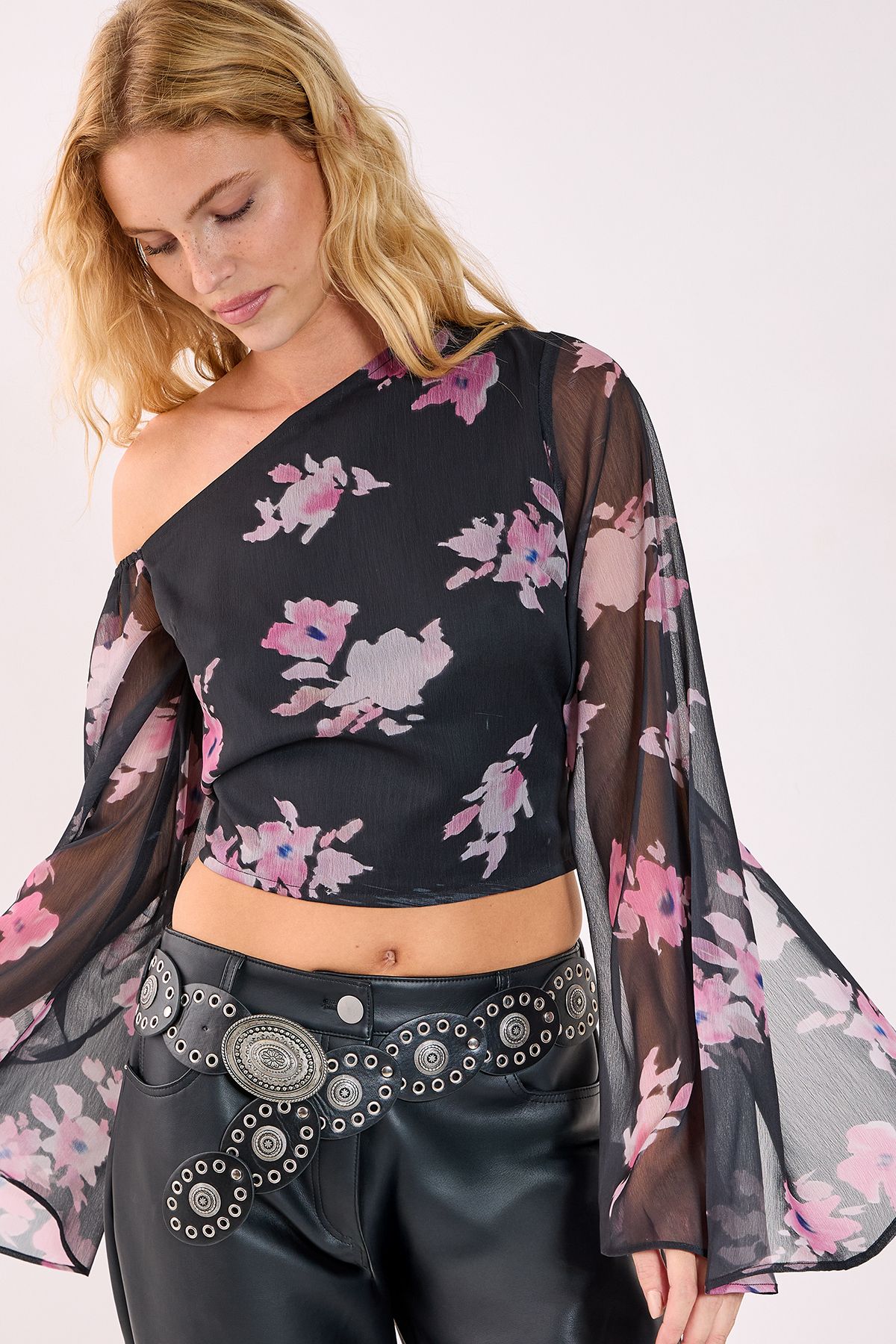 NastyGal Floral Chiffon Off The Shoulder Wide Sleeve Top Black image 3