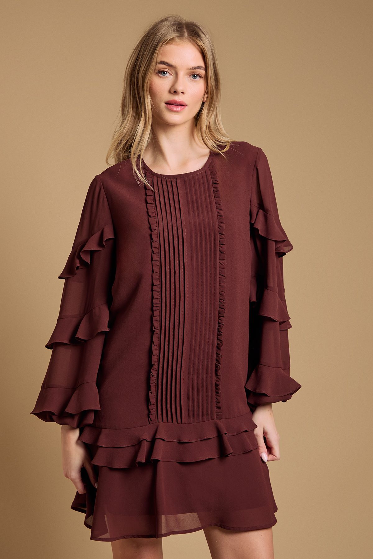 Oasis Ruffle Tiered Mini Dress Chocolate image 2