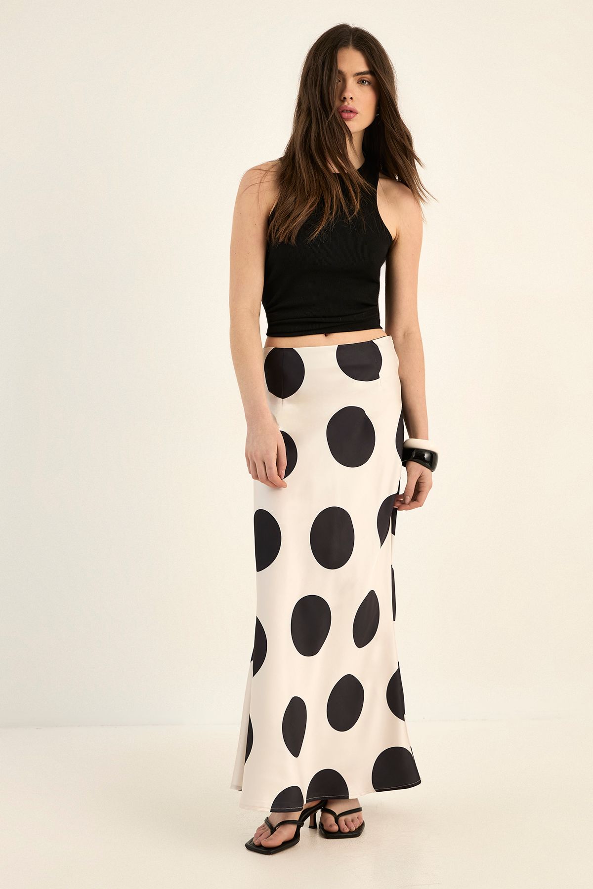 NastyGal Satin Polka Dot Bias Maxi Skirt Mono