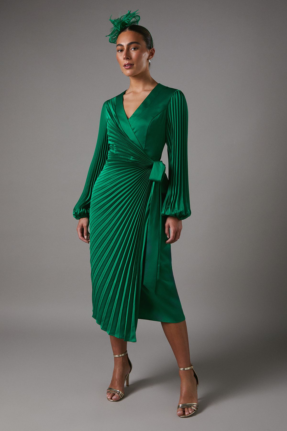 Coast Satin Pleated Wrap Dress Green