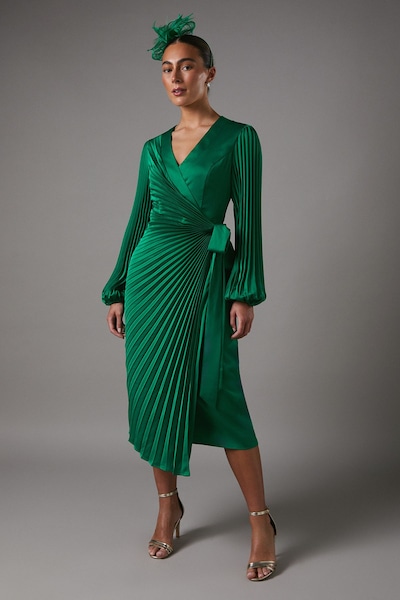 Coast Satin Pleated Wrap Dress Green