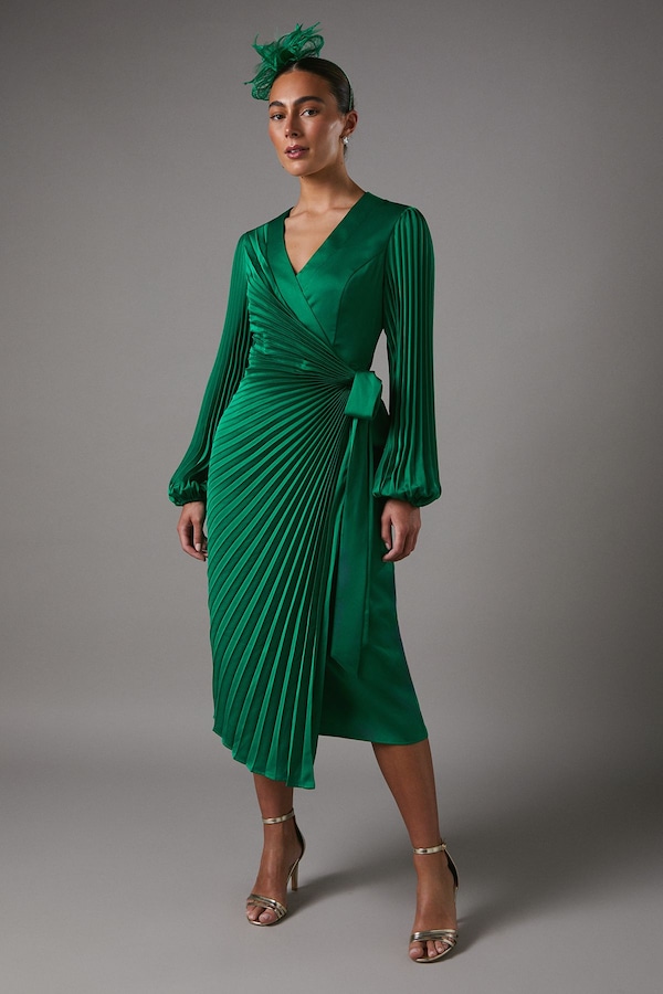 Coast Satin Pleated Wrap Dress Green