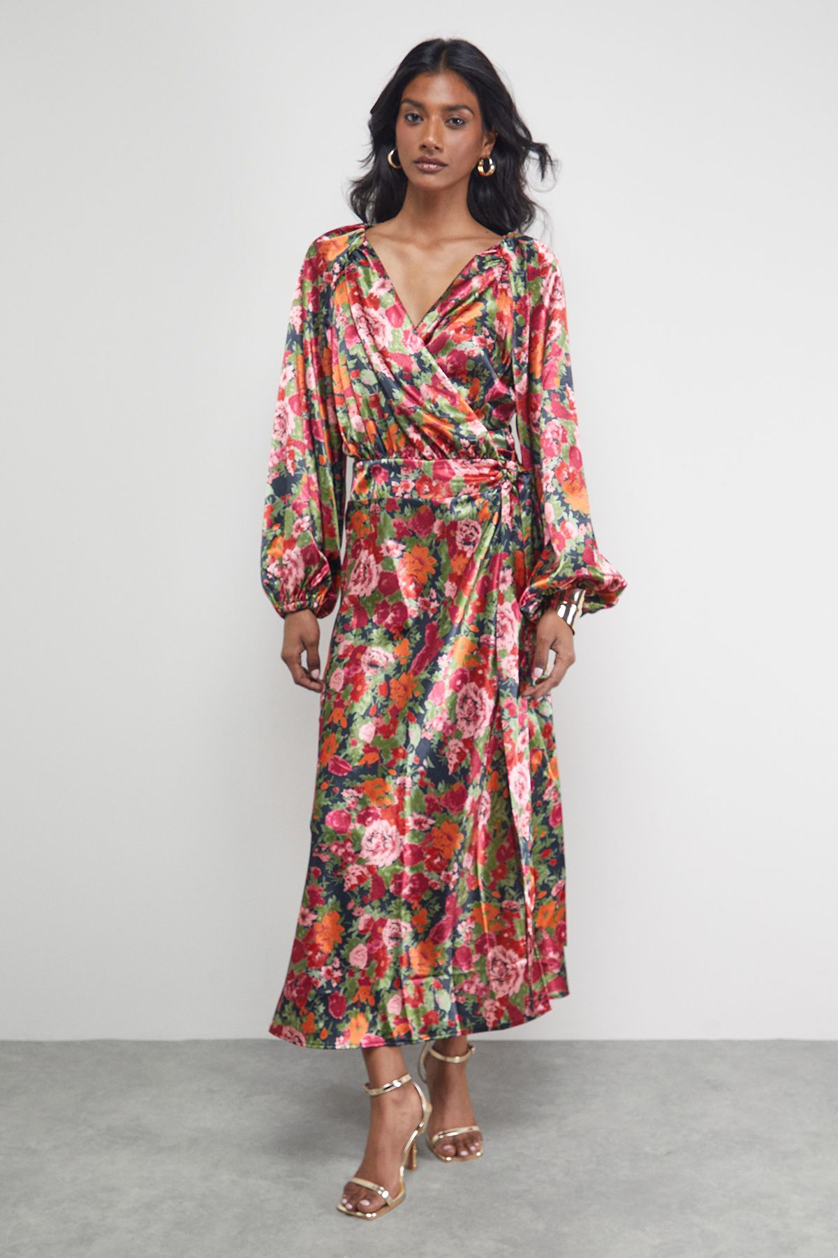 Warehouse Satin Tie Waist Wrap Ruffle Tier Maxi Dress Floral image 1