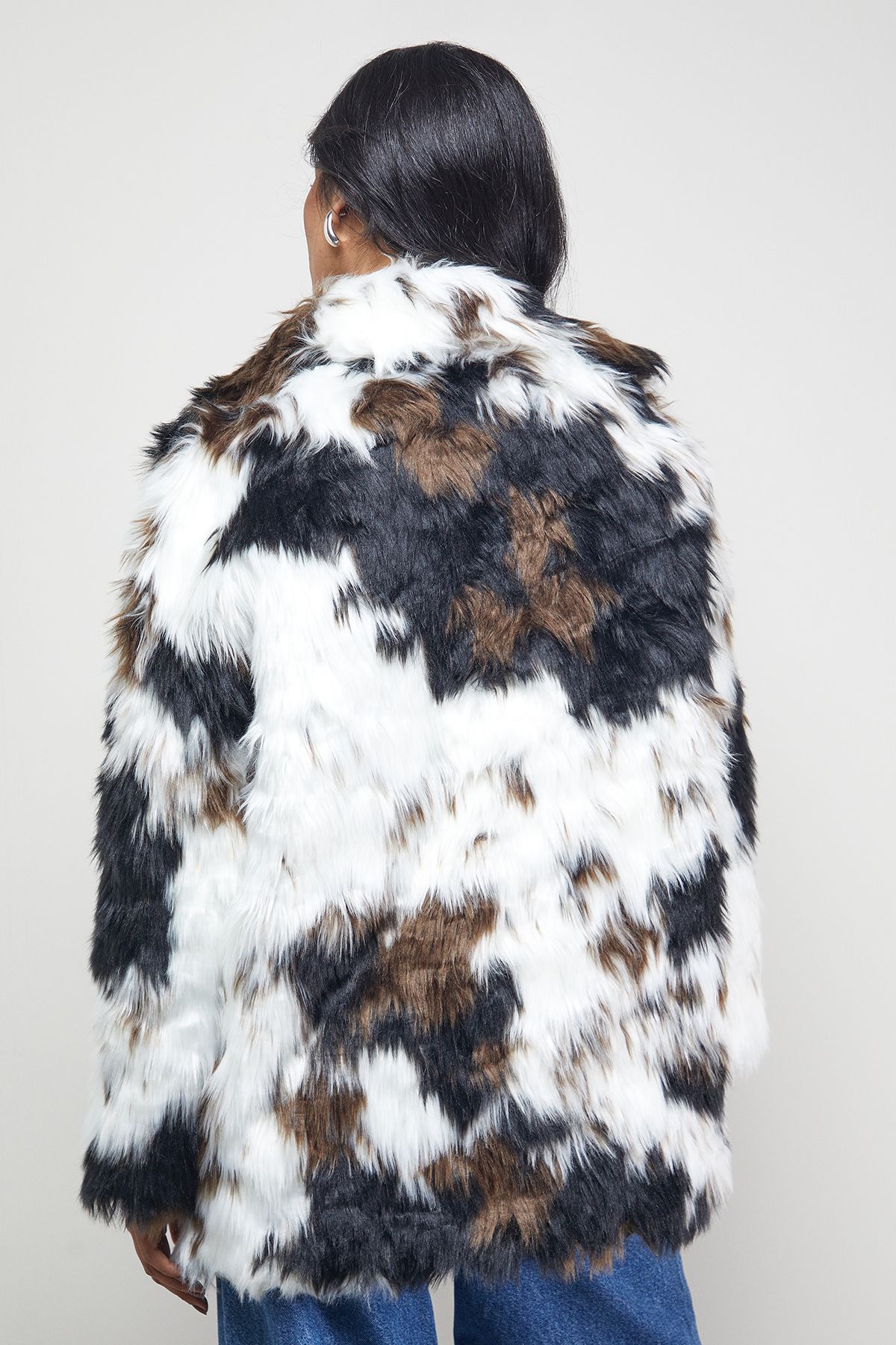 Warehouse Premium Funnel Neck Mono Cow Print Faux Fur Coat Mono image 3