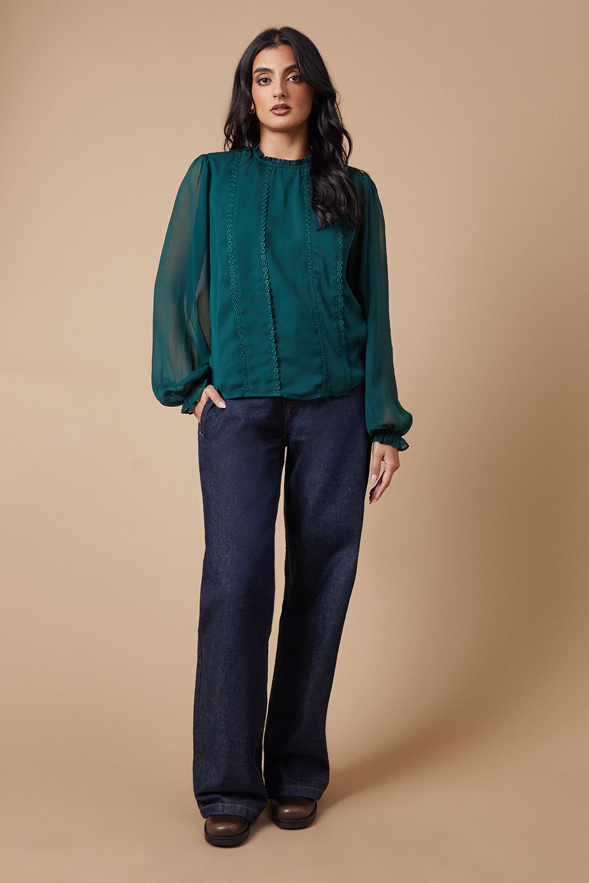 Oasis Lace Trim Chiffon Blouse Dark Green image 2