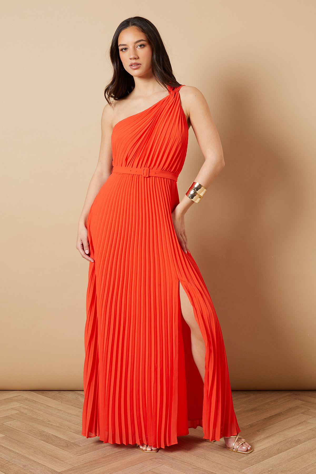 Oasis One Shoulder Pleated Tie Detail Midi Dress Burnt Orange image 1