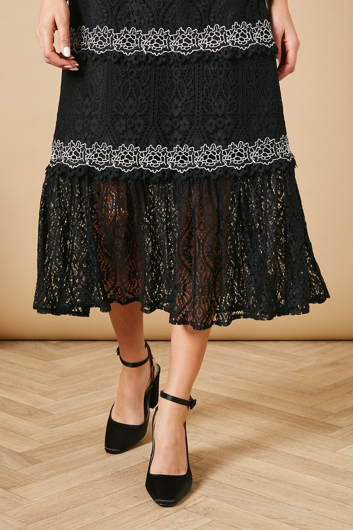 Oasis Dita Satin Square Toe Ankle Strap High Block Heel Court Shoes Black image 2