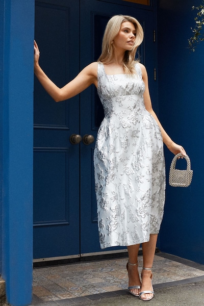 Dorothy Perkins DP Luxe Metallic Scoop Neck Full Skirted Midi Dress Silver