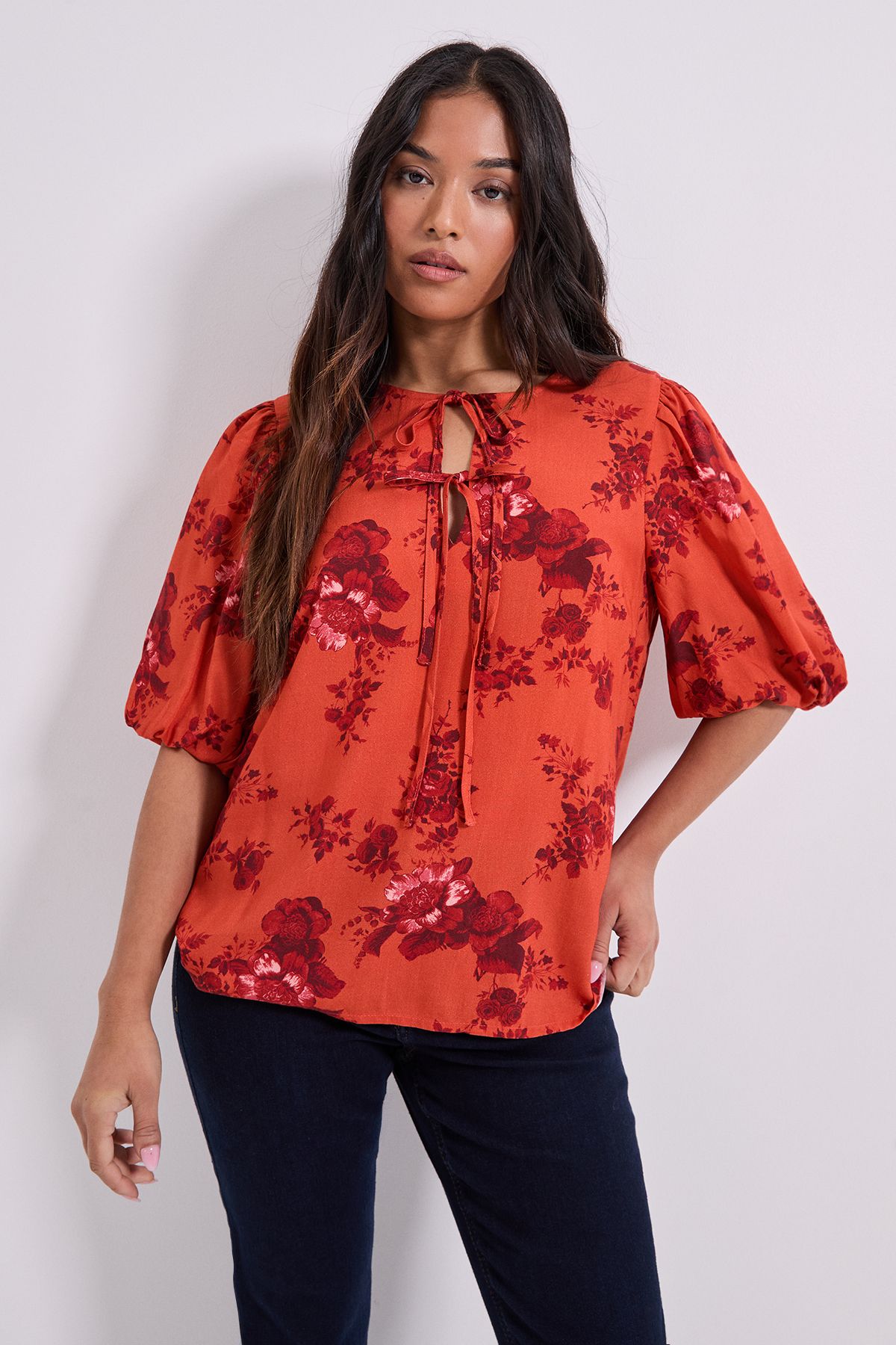 Dorothy Perkins Petite Tie Detail Puff Sleeve Printed Top Rust image 1