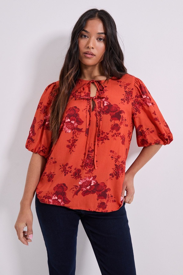 Dorothy Perkins Petite Tie Detail Puff Sleeve Printed Top Rust