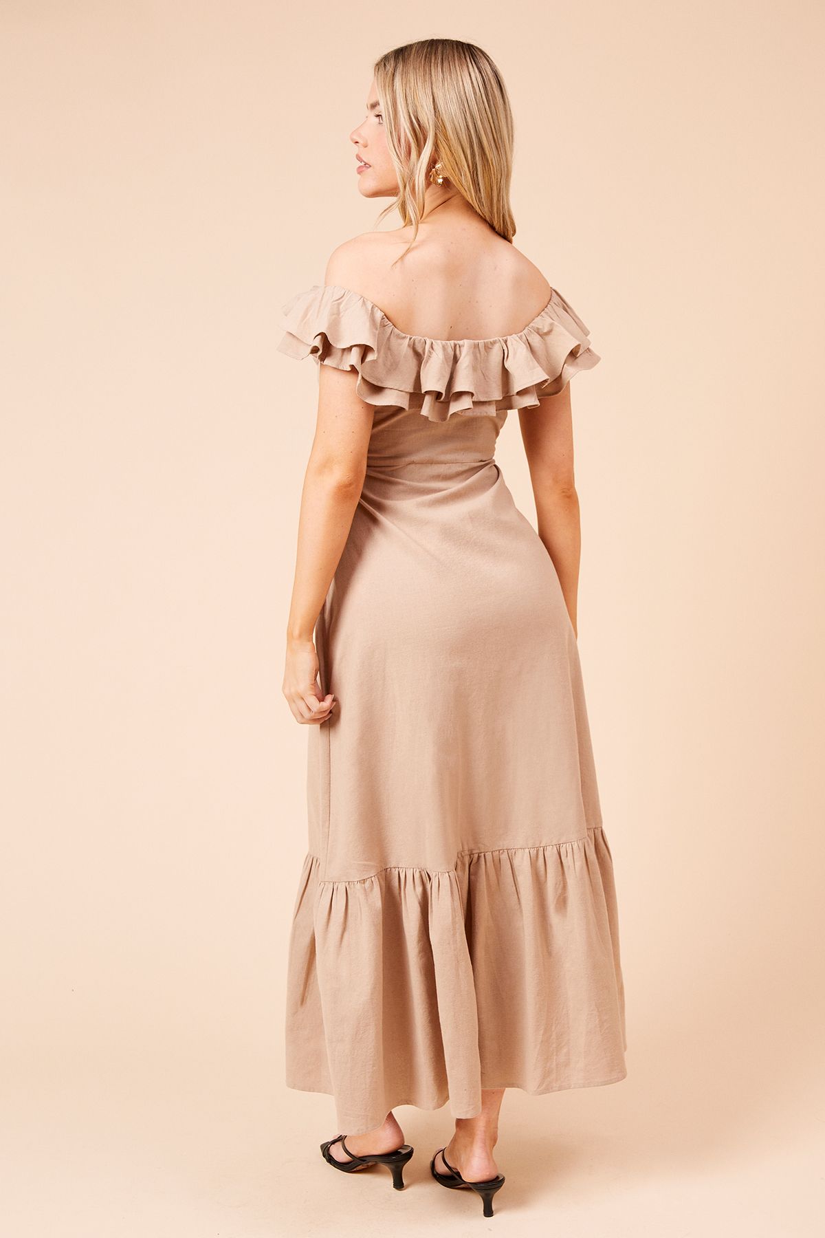 Dorothy Perkins Ruffle Bardot Linen Midi Dress Taupe image 3